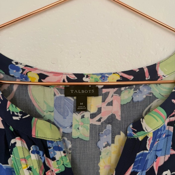 Talbots Navy Blouse with Colorful Floral Design split neck pleated - Picture 3 of 7